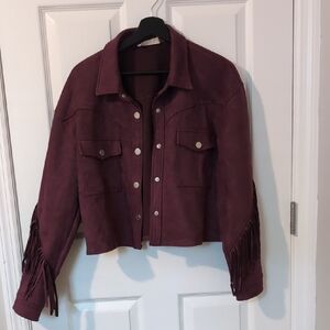 Wine Colored Western Style Fringed Cropped Jacket